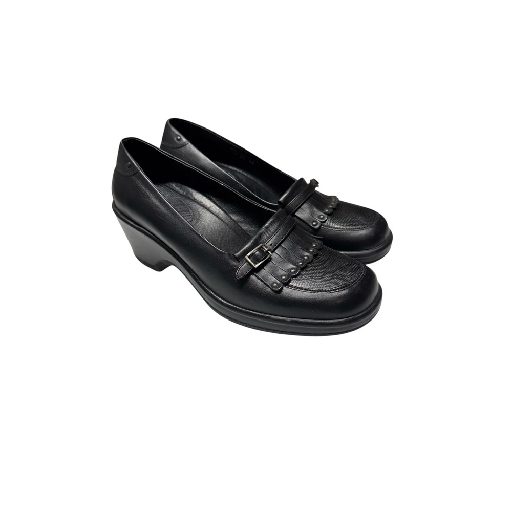 Dansko Heeled Loafers Womens 41 Black Leather Fringe Kiltie Buckle Heels